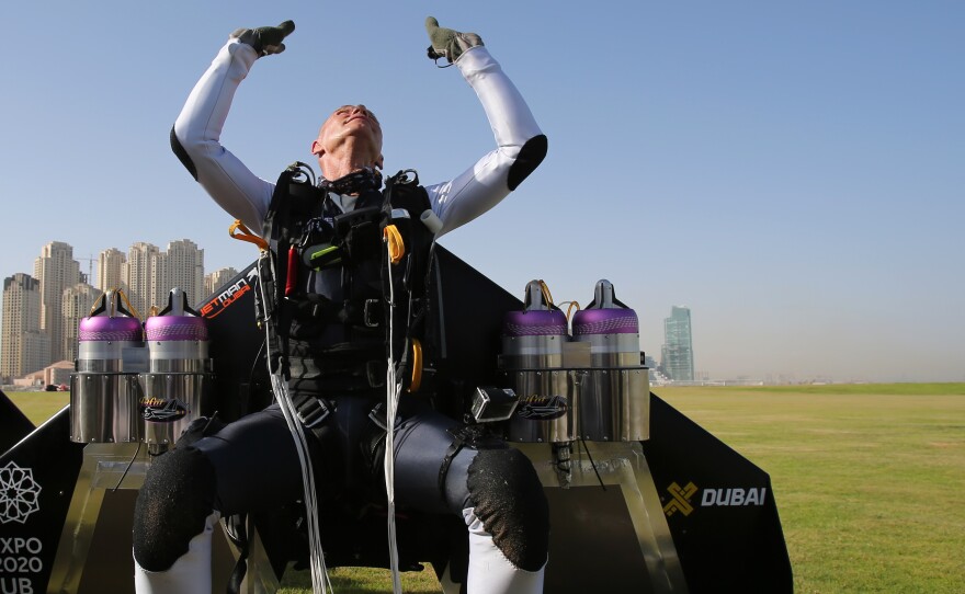Former Swiss pilot Yves Rossy, known as Jetman, is the first person to fly a jet-fitted wing.