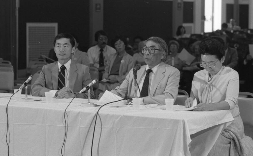 George Takei testifies with other witnesses in front of the Commission on Wartime Relocation and Internment of Civilians (CWRIC) in California in 1981.