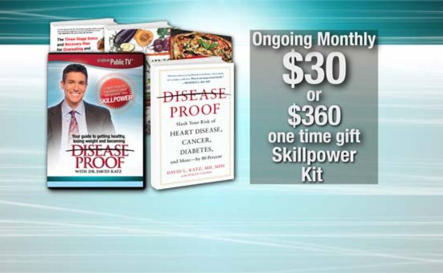 Give $30/mo or $360 during our TV Membership Campaign beginning Aug. 8, and receive the “Disease Proof” combo package which includes the book and DVD, plus “The Hunger Fix” book, “Becoming Vegan book, and “Cuisinicity: Love the Food that Loves you Back booklet. This gift also includes enrollment in the myKPBS Savers Club plus additional online access to more than 130,000 merchant offers and printable coupons, as well as a KPBS License Plate Frame (if you're a new member). The "Disease Proof" DVD & CD only is available at $144. and the DVD only is at $72.