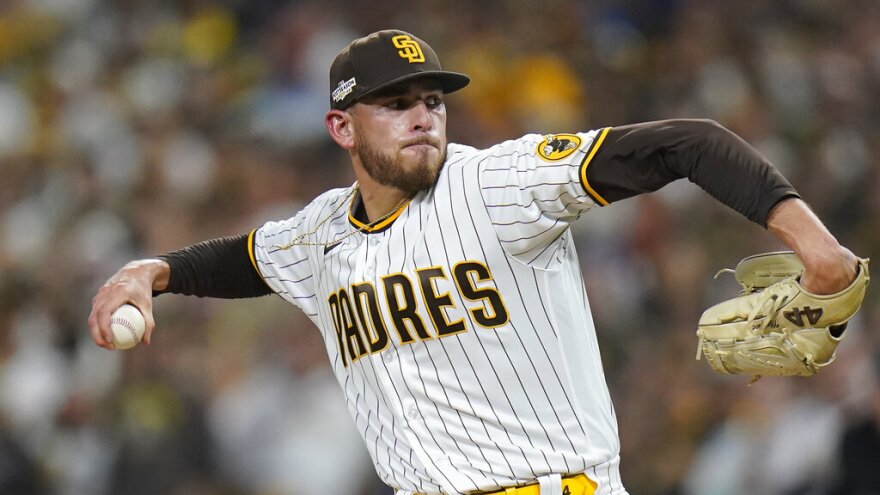 FILE - San Diego Padres starting pitcher Joe Musgrove works against a Los Angeles Dodgers batter during the first inning in Game 4 of a baseball NL Division Series, Saturday, Oct. 15, 2022, in San Diego. San Diego All-Star pitcher Joe Musgrove will be sidelined for at least two weeks after breaking his left big toe in a weight room accident, putting in question whether he will be ready for the start of the season. Musgrove was hurt Monday, Feb. 27, 2023. Melvin said Tuesday. 