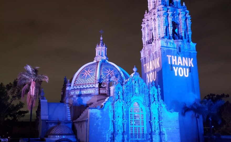 San Diego Museum of Man bathed its tower in blue light and projected a "Thank You" slide as part of the #LightItBlue #LightItUpBlue movement to honor doctors, nurses, essential workers and everyone on the frontlines of the COVID-19 fight. April 10, 2020.