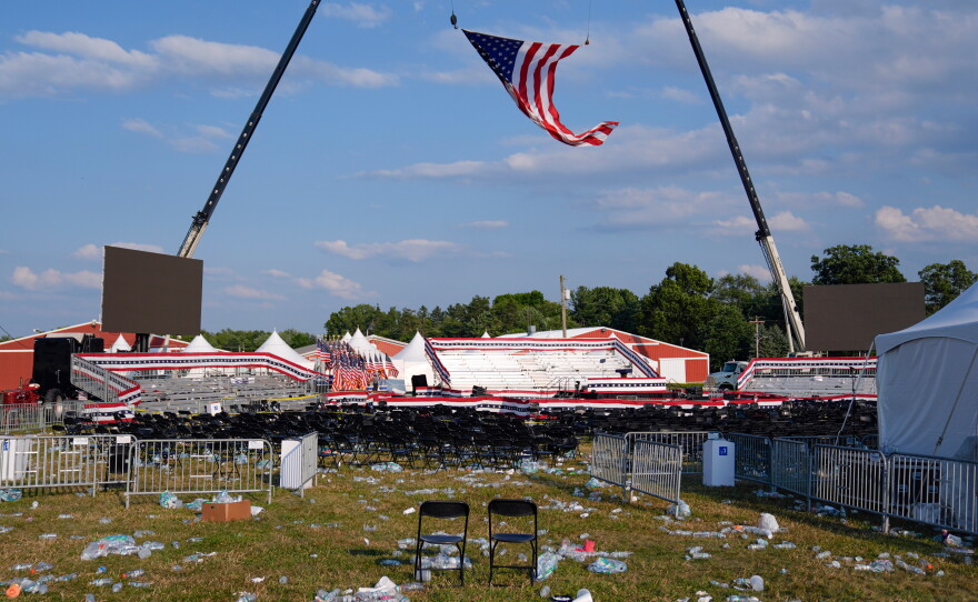 FILE - A campaign rally site for Republican presidential candidate former President Donald Trump is empty and littered with debris on July 13, 2024, in Butler, Pa.