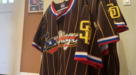A Puerto Rico inspired Padres jersey hangs inside the House of Puerto Rico in Balboa Park on Aug. 19, 2026.