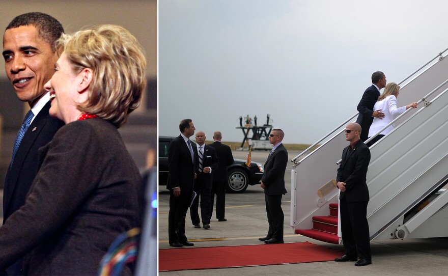 (Left) Obama and Clinton, then secretary of state, walk through a press conference room at the United Nations Climate Change Conference in Copenhagen, Denmark, on Dec. 18, 2009. (Right) Obama and Clinton board Air Force One at the airport in Yangon, Myanmar, on Nov. 19, 2012.