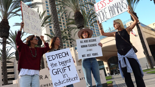 Renne Catalano-Gussman, Erin Payne, Elizabeth Johnson and Jess Keithly stand outside the Manchester Grand Hyatt in downtown San Diego on Monday, April 13, 2026.