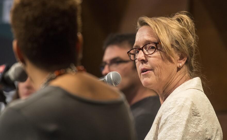 'Colorado rancher, Kathleen Curry, answers a question at the live performance of Michel Martin's Going There at Colorado State University Tuesday May 24, 2016. The show was titled, " The Future of Water."'