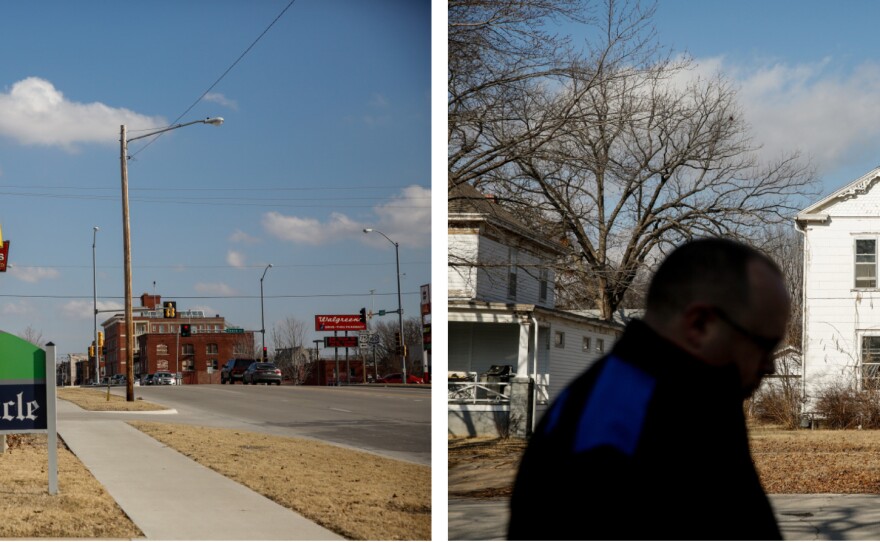 (Left) The storefront office of the weekly <em>Montgomery County Chronicle</em> on West Main Street.   (Right) Editor Andy Taylor walks on West Myrtle Street.