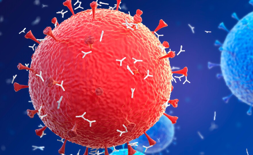 An illustration shows spiky antigens studding the virus's outer coat. Tests under development that look for these antigens might be faster than PCR tests for diagnosing COVID-19, proponents say. But the tests might still need PCR-test confirmation.