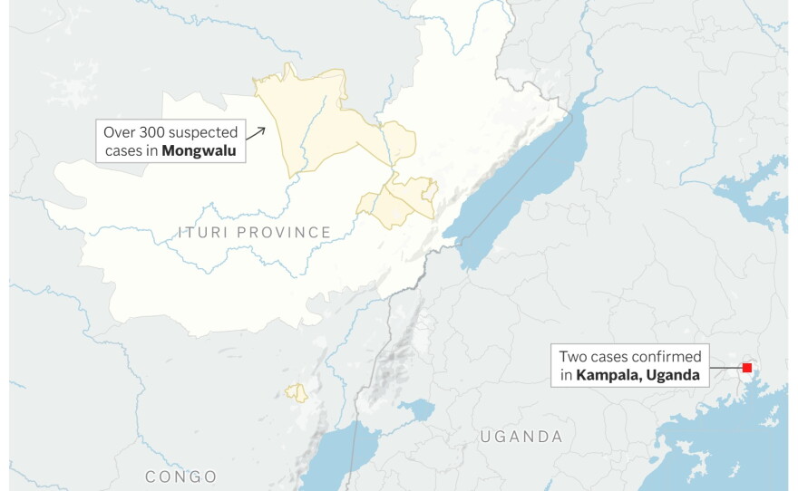 Map showing suspected Ebola cases as of May 18, 2026.