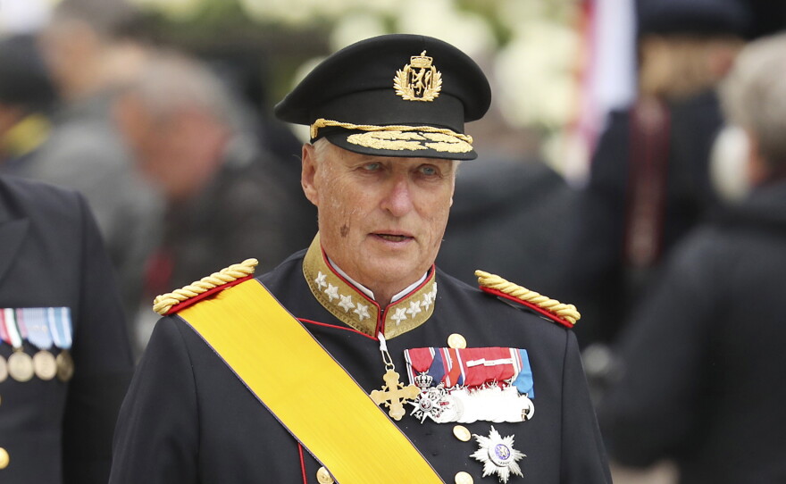 King Harald V of Norway and his wife Sonja leave the Notre Dame cathedral after attending at the funeral of the Grand Duke Jean of Luxembourg, in Luxembourg, on May 4, 2019.