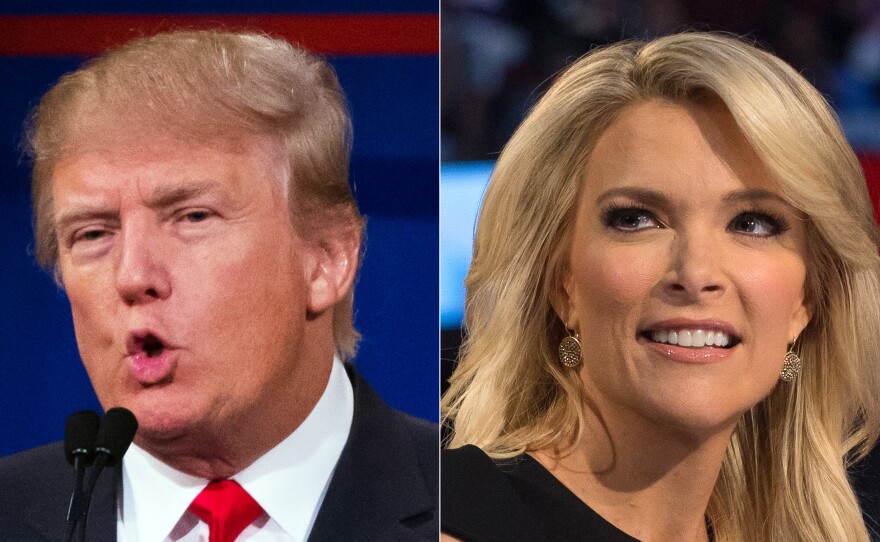 Republican presidential candidate Donald Trump and Fox News Channel host and moderator Megyn Kelly during the first Republican presidential debate — the origin of their feud.