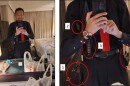 This image contained in a court filing by the Department of Justice, April 29, 2026, shows Cole Tomas Allen, left,  inside his hotel room, on Saturday, April 25, 2026 in Washington, using his cellphone to take a photograph of himself in the mirror. An enhanced version of the image is right.