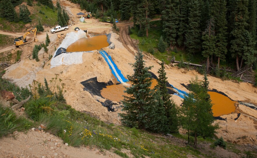 Three settling ponds are used at Cement Creek, which was flooded with millions of gallons of mining wastewater, on Aug. 11, 2015. The Environmental Protection Agency uses settling ponds to reduce the acidity of mining wastewater so that it carries fewer heavy metals.