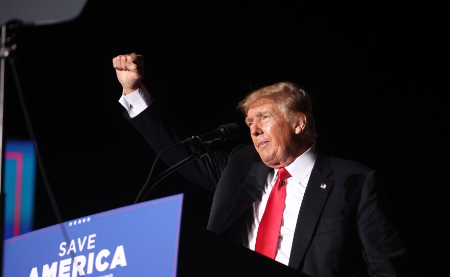 Former President Donald Trump repeated his lies about a "totally corrupt" election at a rally at the Iowa State Fairgrounds on Oct. 9, 2021. "We didn't lose," he told the crowd, which rewarded him with chants of "Trump won!"