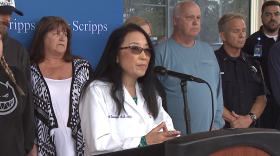 Scripps Health trauma surgeon Gail Tominaga updates the media on the status of Leeanne Ericson, the victim of a shark attack in San Onofre, May 5, 2017. 