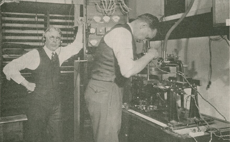 Okeh Engineers Charles L. Hibbard and Peter P. Decker with Western Electric Amplifier and Cutting Lathe Appearing in “American Epic: The Big Bang.”