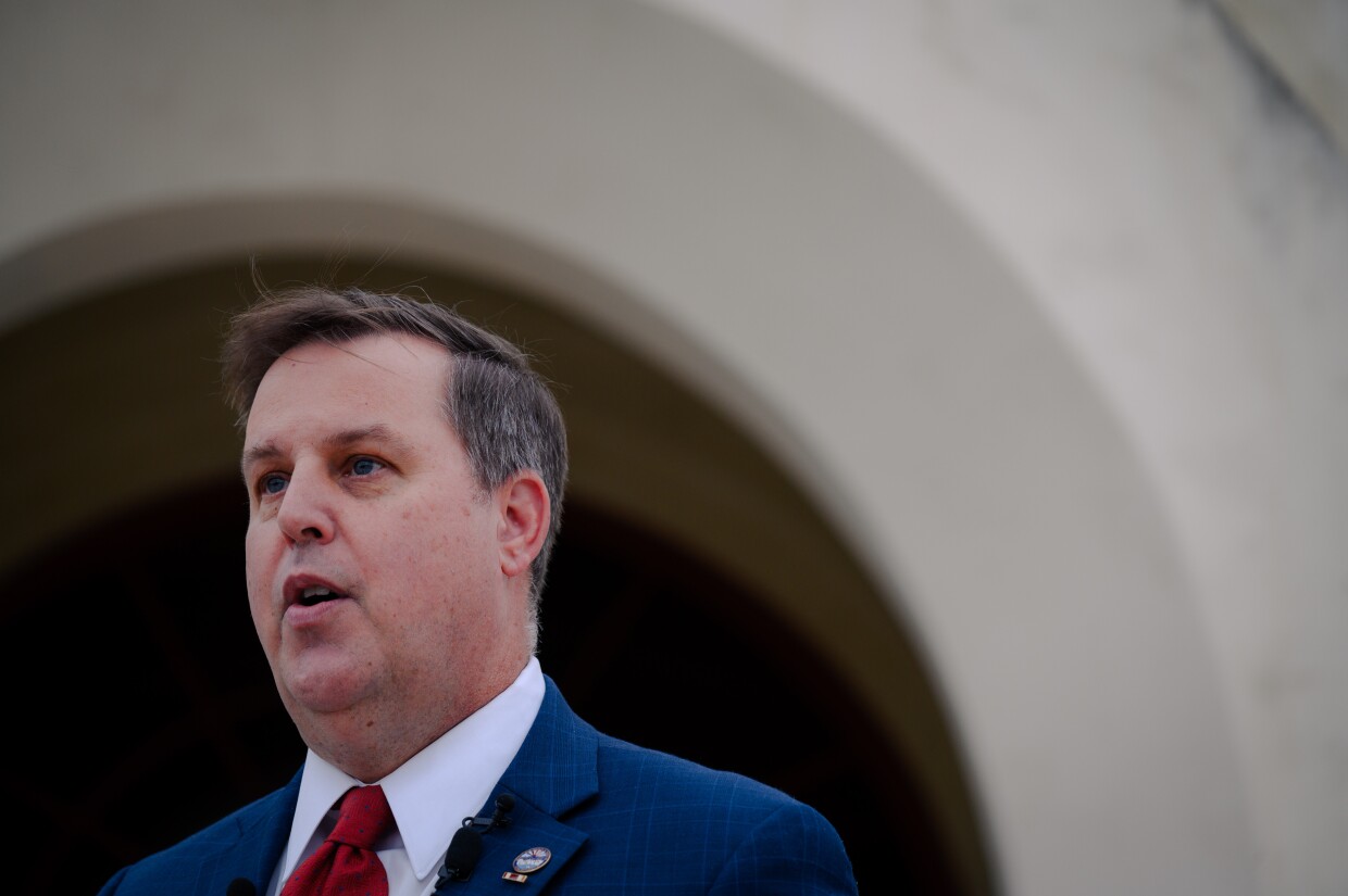 Chula Vista Mayor John McCann holds a press conference outside city hall after Councilmember Andrea Cardenas announced her resignation earlier that afternoon on February 19, 2024.