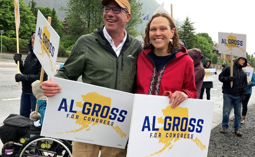 Al Gross, left, an independent running for Alaska's U.S. House seat, poses beside his wife, Monica Gross, on June 11, 2022, in Juneau, Alaska.