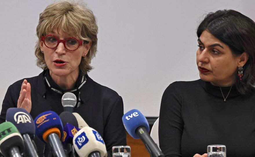 Amnesty International has labeled Israel an apartheid state over its policies toward Palestinians. The Israeli government rejects the accusation. Here, Agnes Callamard, the secretary general of Amnesty International, speaks during a news conference as activist Orly Noy (right) looks on in Jerusalem.