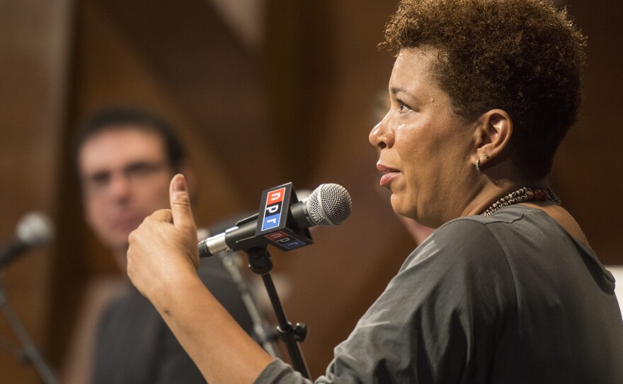'National Public Radio host, Michel Martin, talks at the live performance of Martin's Going There at Colorado State University Tuesday May 24, 2016. The show was titled, " The Future of Water."'