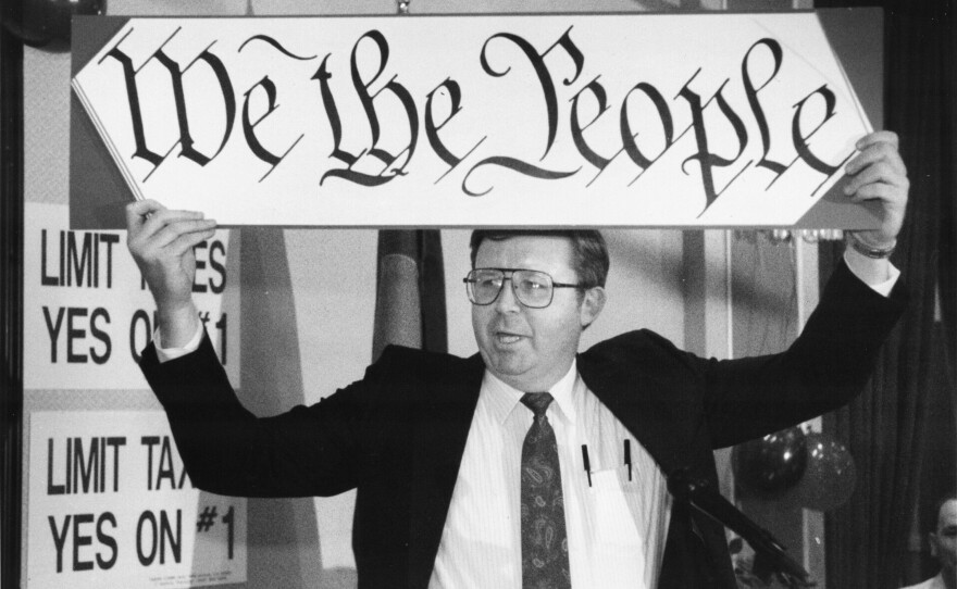 Douglas Bruce, a driving force behind TABOR, celebrates at a victory party in downtown Denver after Amendment 1 was projected to pass.