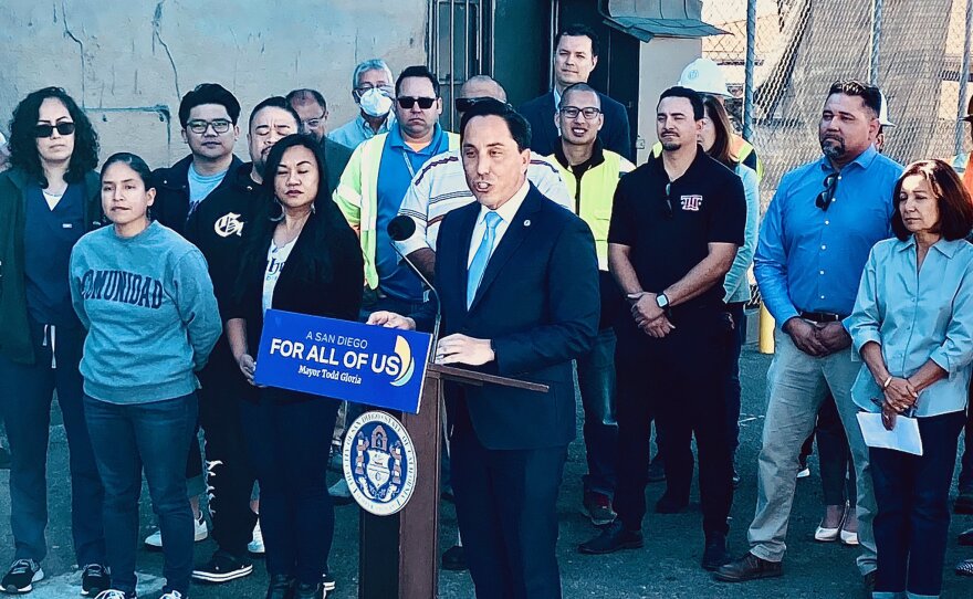 San Diego Mayor Todd Gloria at a news conference in Paradise Hill announcing the Build Better SD plan to bring equity to city infrastructures, Feb. 18, 2022.