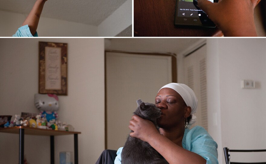 Pamula Glover points to cracks in her ceiling caused by water damage (top left) and goes through her photos on her phone of other problems in her apartment (top right). Glover, who lives with her two cats, doesn't feel safe (bottom).