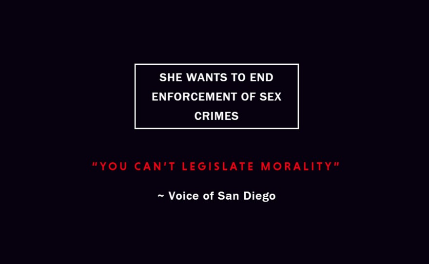 A screenshot of ThreattoSanDiego.com is displayed, May 14, 2018. The website claims San Diego County District Attorney candidate Geneviéve Jones-Wright would not enforce sex crimes if elected.