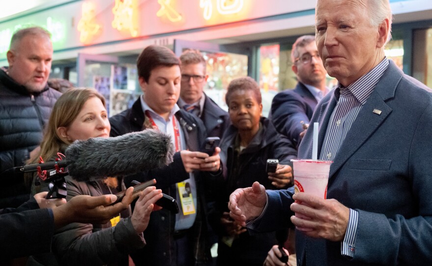 President Biden speaks with reporters while visiting the No. 1 Boba Tea shop in Las Vegas on Feb. 5, 2024.