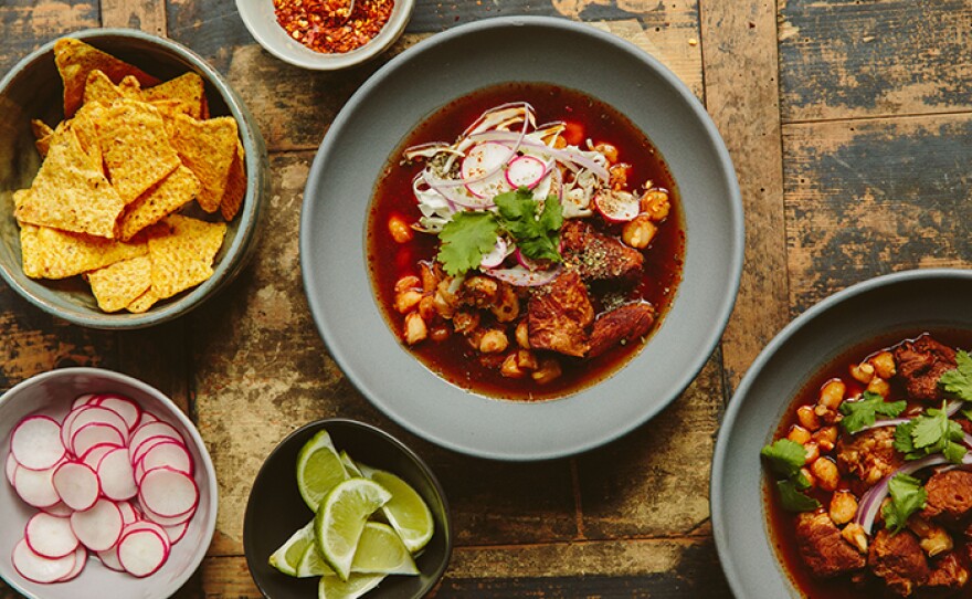 On “Secrets Of Oaxaca” Gonzalo Guzmán of Nopalito in San Francisco stops by for a MILK STREET visit and teaches Chris how to make a hearty Pozole Rojo (pictured). 