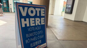 A "vote here" sign is on display at a Vote Center location at San Diego State University on June 1, 2026.