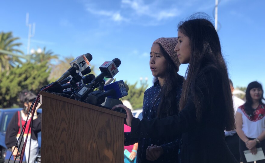 Aracely and Yarely Duarte, both 12, speak at a press conference following the March 3 Border Patrol arrest of Perla Morales-Luna, March 9, 2018.
