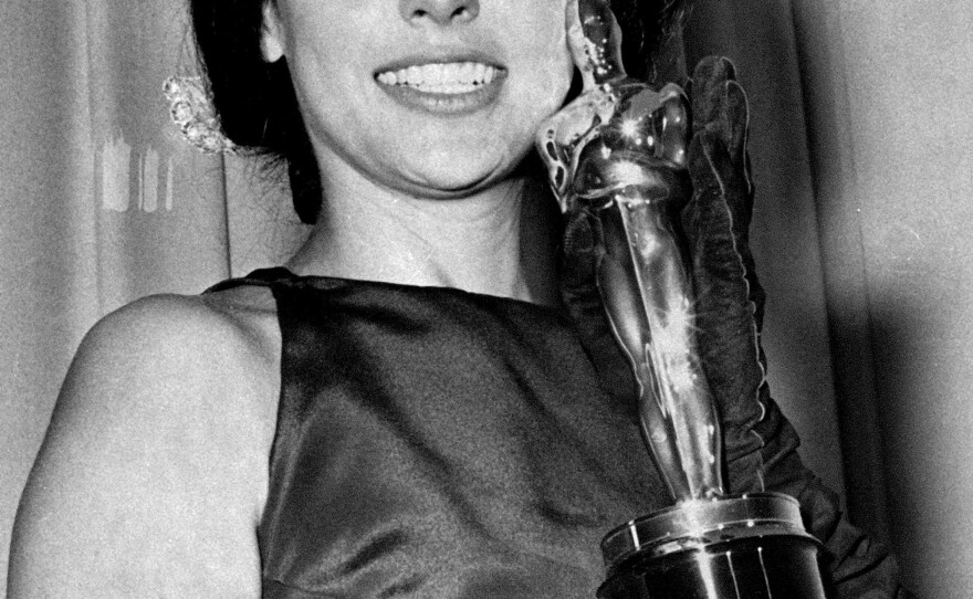 Actress Rita Moreno holds the Oscar she won at the Academy Awards ceremony at Santa Monica, Ca., April 9, 1962. She won best supporting actress of the year for her role in <em>West Side Story</em>.