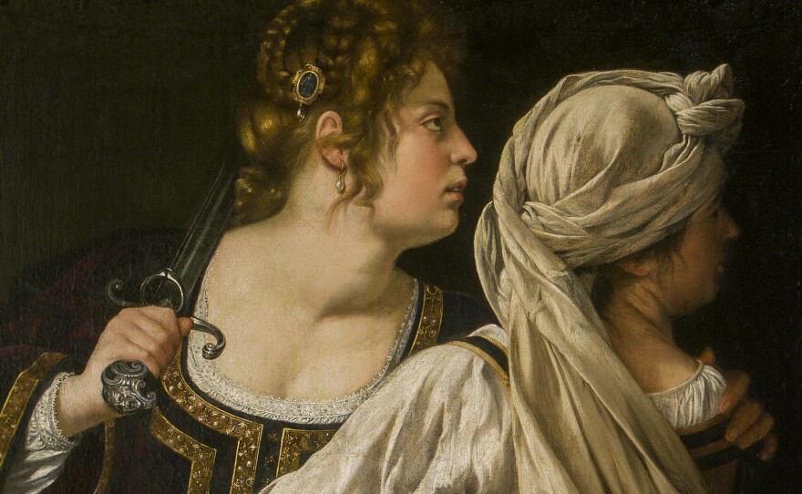 In Judith and her Maidservant, painted a year after Gentileschi testified in a rape trial, the head of Holofernes lies in a basket and Judith is portrayed proudly as victor. "That is not a characteristic Judith pose," says a curator of the Rome exhibition.