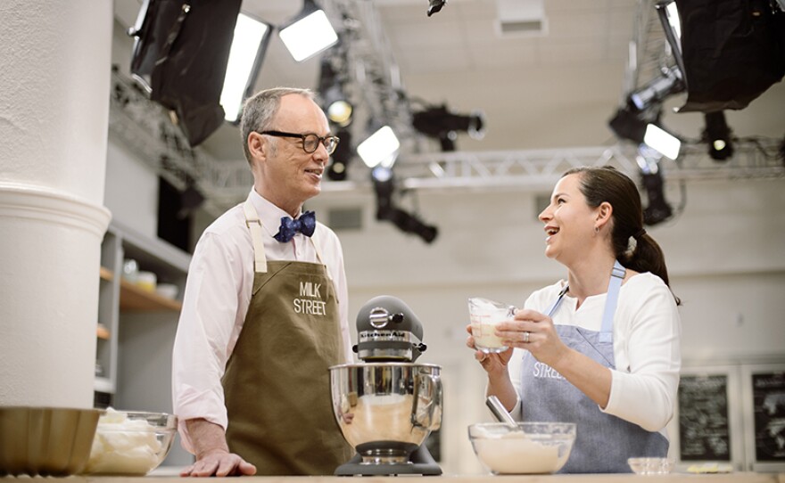 Host Chris Kimball with Erika Bruce making a foolproof, single-crust pie dough on the set of MILK STREET TELEVISION.