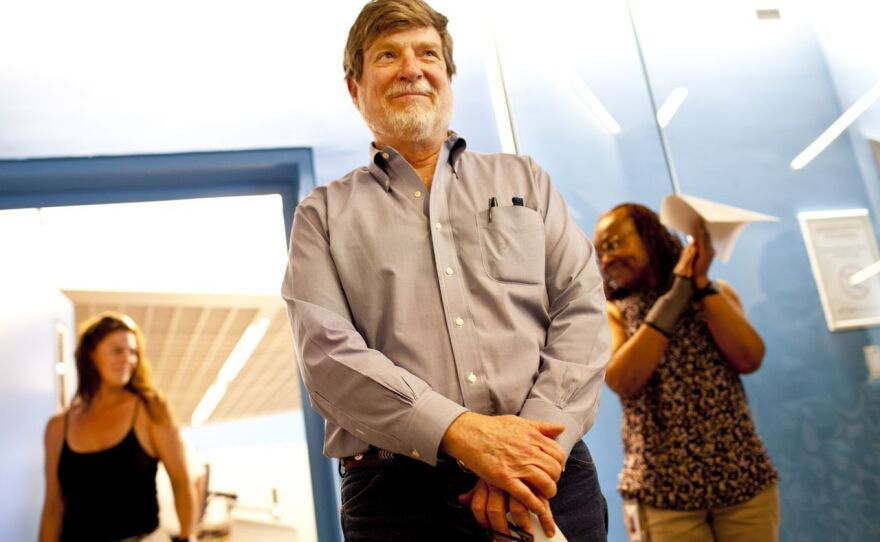 Neal Conan leaving the studio after signing off for the last time as host of NPR's <em>Talk of the Nation</em>, June 2013<em>.</em>