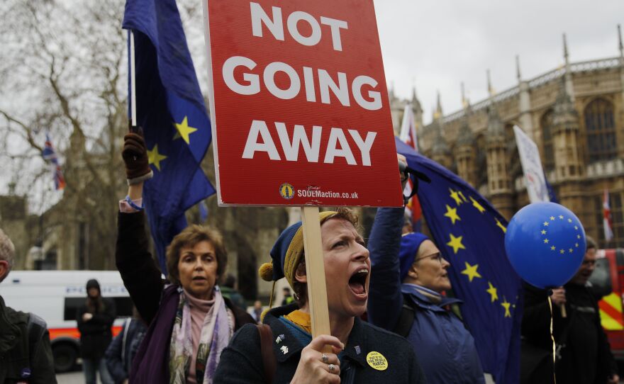 Demonstrators carry EU flags and shout slogans outside the Houses of Parliament in central London on March 21.