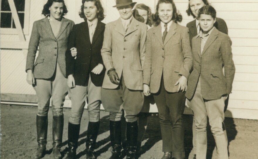 Professor Harriet Rogers with riding students at Sweet Briar, circa 1940. The school was noted for its equestrian program.