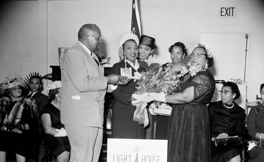 Essie Smart, a local pianist, wins "Colored Woman of the Year," an award presented by The Lighthouse, San Diego's Black-owned newspaper, 1957.