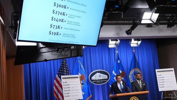 Acting Attorney General Todd Blanche speaks as FBI Director Kash Patel listens during a news conference at the Justice Department on Tuesday in Washington.