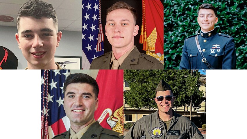 The five Marines killed in a helicopter crash in East San Diego County. From top left: Lance Cpl. Donovan Davis, 21, of Olathe, Kansas; Sgt. Alec Langen, 23, of Chandler, Arizona; Capt. Miguel Nava, 28, of Traverse City, Michigan. From bottom left: Capt. Jack Casey, 26, of Dover, New Hampshire; Capt. Benjamin Moulton, 27, of Emmett, Idaho.