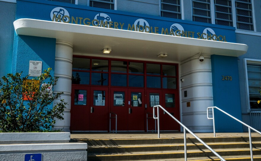 The entrance to Montgomery Middle School, Feb. 17, 2021.