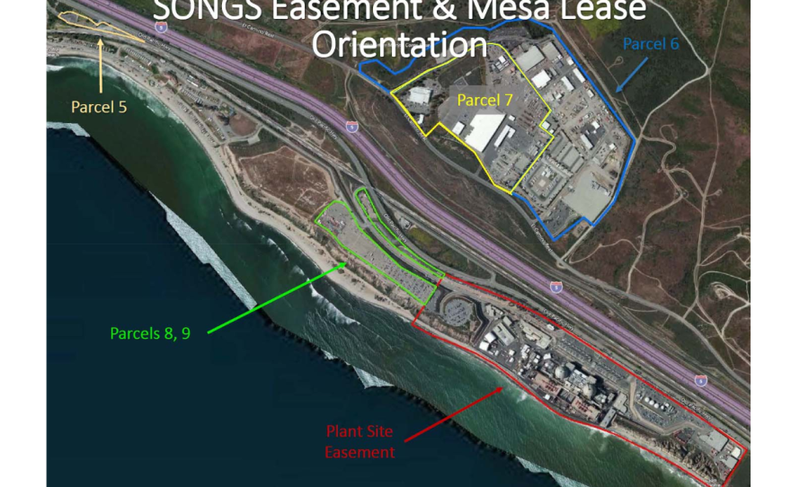 A map of the San Onofre nuclear power plant site shows parcels leased from the Navy on Camp Pendleton, Nov. 2, 2017. The nuclear waste is stored on the red parcel.