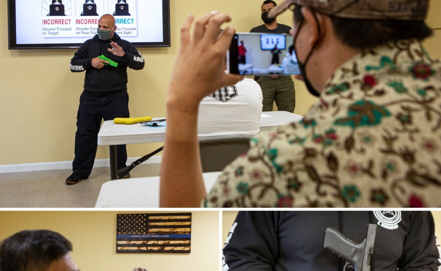 Top: Sunha Kim records Edmon Muradyan as he demonstrates safety during the firearms training course. Bottom left: Participants in the firearms training course. Bottom right: Muradyan demonstrates safety during the training course.