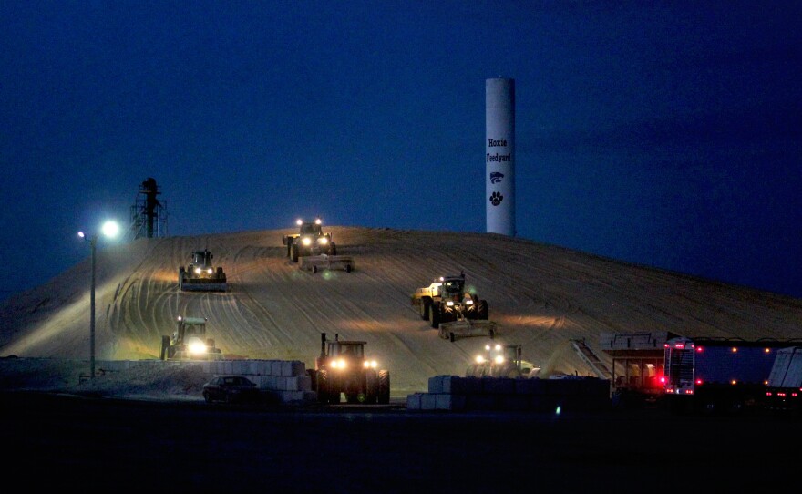 During harvest time, trailer loads of corn arrive at Hoxie Feedyard late into the night. The feedyard will buy more than $20 million worth of corn this year.