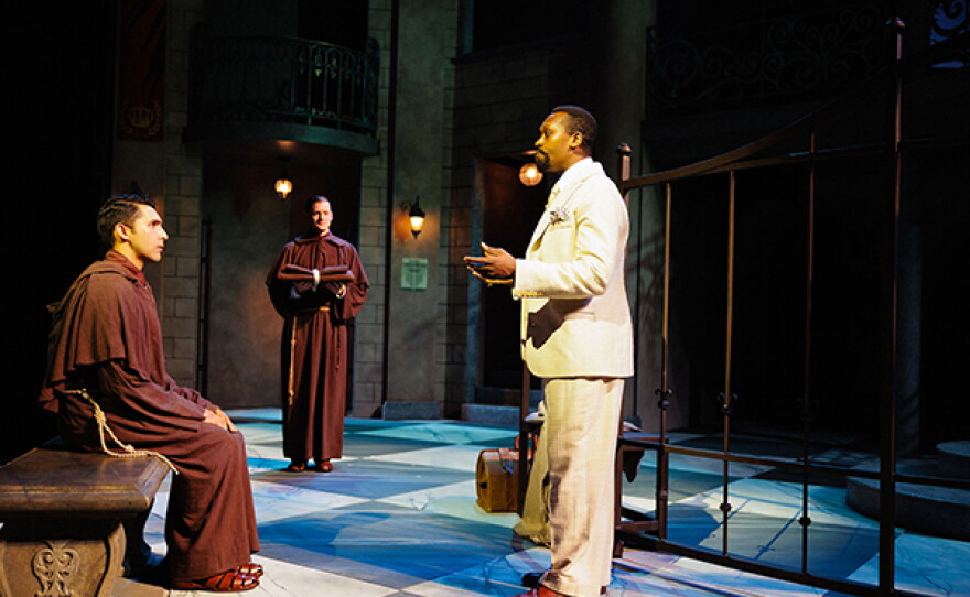 (from left) Charlie Alguera as Friar Thomas, Max Lorn-Krause as Friar Peter, and Ato Blankson-Wood as Duke in in Measure for Measure, 2026.