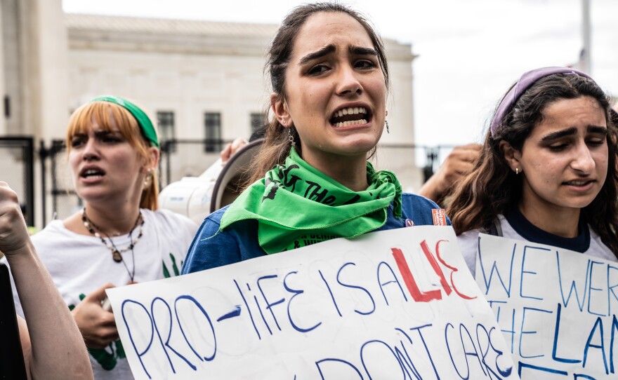 Pro-choice protesters react to the decision of Roe v. Wade being overturned at the U.S. Supreme Court.