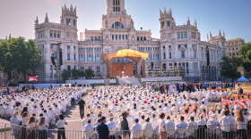 Pope Leo XIV presides over a Mass marking the Catholic feast of Corpus Christi at Plaza de Cibeles in Madrid, Spain, Sunday, June 7, 2026, on the second day of his seven-day apostolic visit to mainland Spain and the Canary Islands.