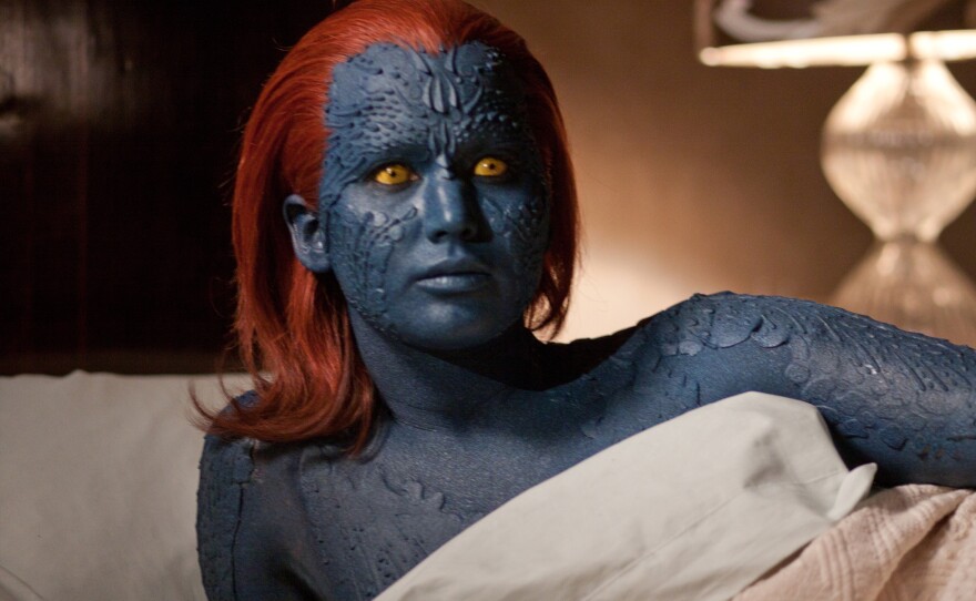 And after: Jennifer Lawrence as Mystique. Does that design remind you of the non-skid stickers you put on the bathtub?