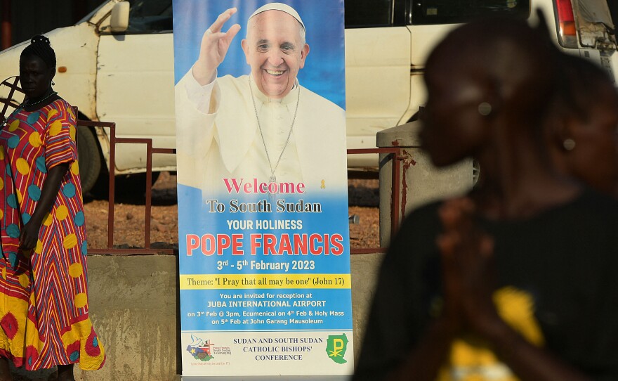 A portrait of Pope Francis in South Sudan.